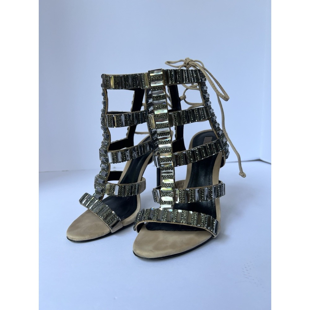 Women's STUNNING Schutz Paloma Oyster Suede Crystals Caged high Heel sandal 6.5